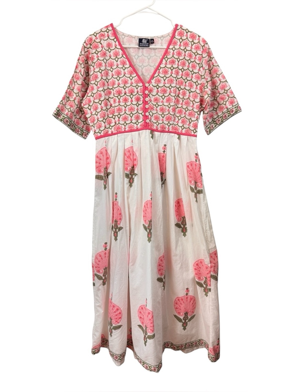 Madison Mathews Size Medium Floral Pink Cotton Midi Dress Flowy Cottage Boho
